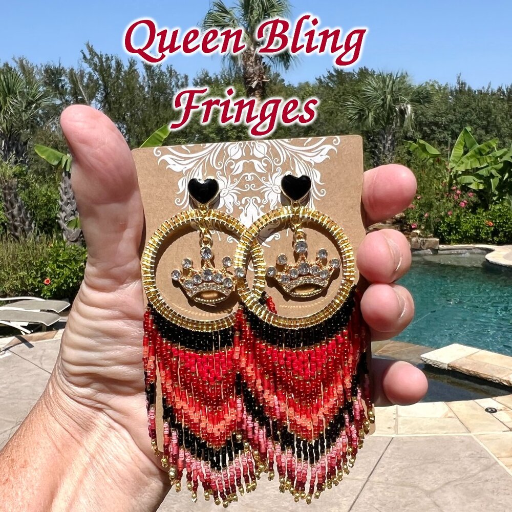 Handmade Beaded Queen Long Fringe Dangle Drop Lightweight Post Hoop Earrings